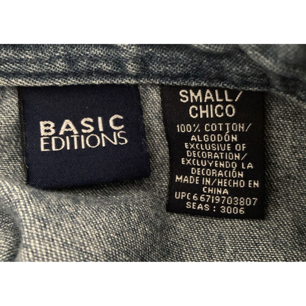 Basic Editions Shirt Womens Small Blue Denim Embroidered Short Sleeve Blouse Y2K - Picture 7 of 10